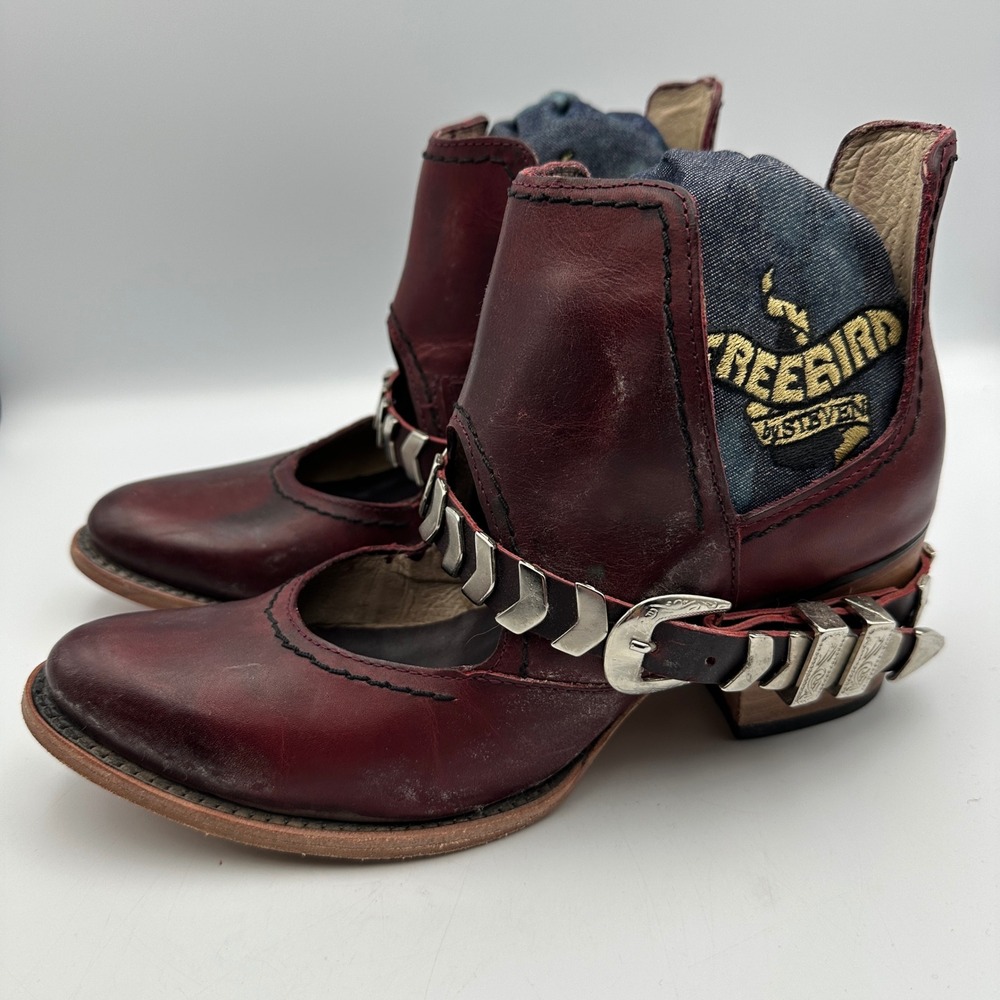 Freebird by Steven Blade Boots 9 Wine Red Leather Harness Western Buckle Booties